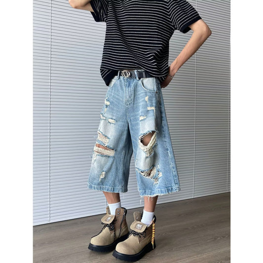 Ripped denim seven part washed distressed wide leg shorts