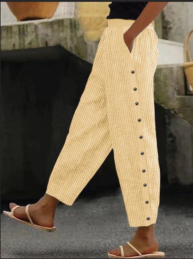 Fashion Printed Stripe Buttoned Elastic Waist Nine-Part Pants