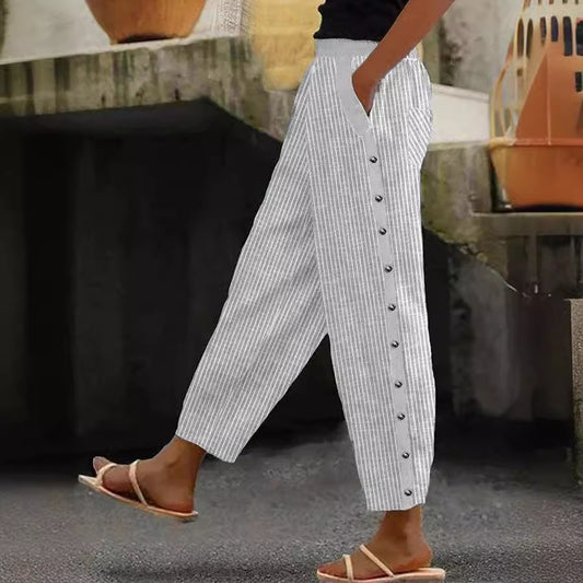 Fashion Printed Stripe Buttoned Elastic Waist Nine-Part Pants