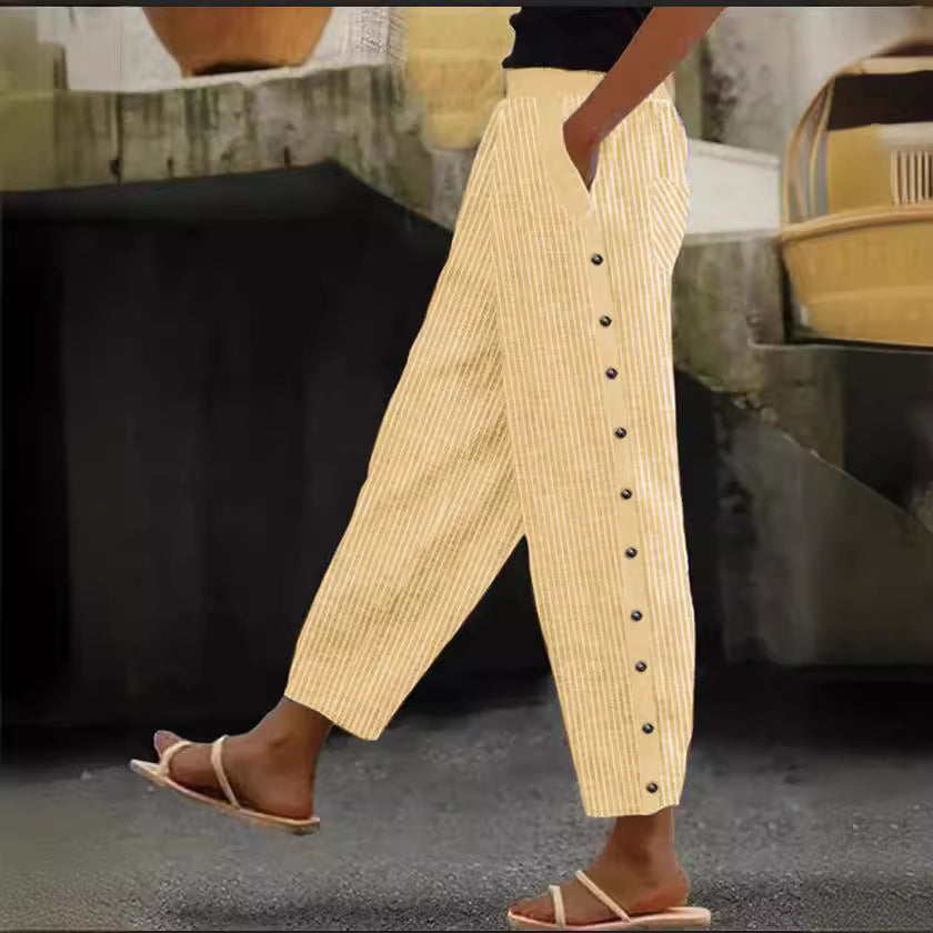 Fashion Printed Stripe Buttoned Elastic Waist Nine-Part Pants