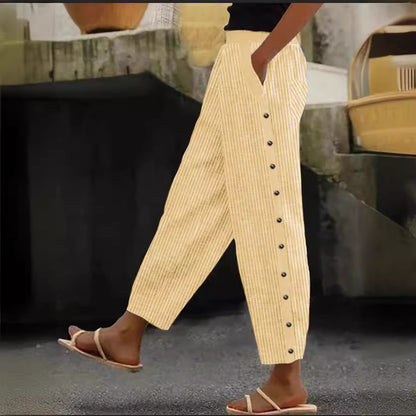Fashion Printed Stripe Buttoned Elastic Waist Nine-Part Pants