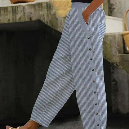 Fashion Printed Stripe Buttoned Elastic Waist Nine-Part Pants