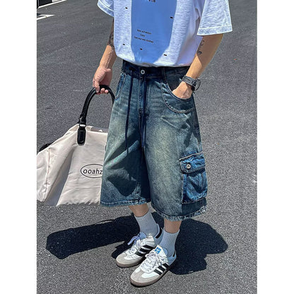 Washed denim seven part wide leg workwear shorts