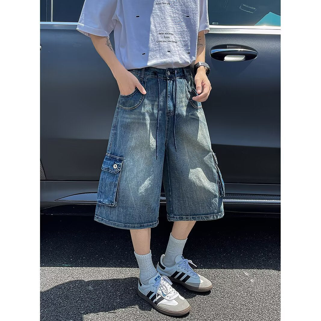 Washed denim seven part wide leg workwear shorts