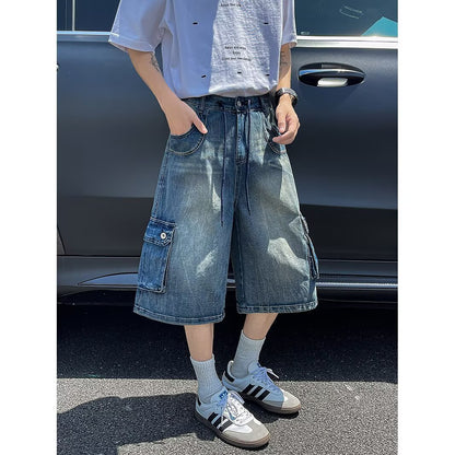 Washed denim seven part wide leg workwear shorts