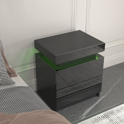 Modern Black LED Nightstand with Led Lights Bedside table with 2 High Gloss Drawers for Bedroom