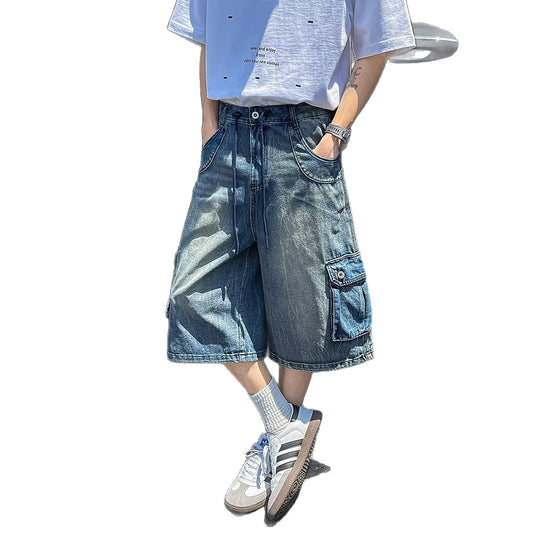 Washed denim seven part wide leg workwear shorts