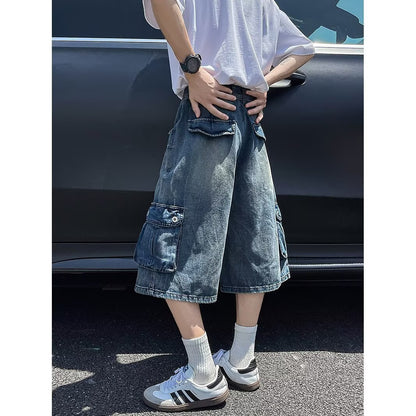 Washed denim seven part wide leg workwear shorts
