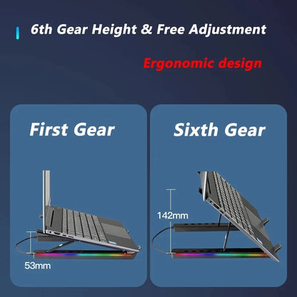RGB Laptop Stand Adjustable 6 Gear Height Heat Dissipation USB Type-c Hub Ergonomic Notebook Holder for MacBook Tablet Phone
