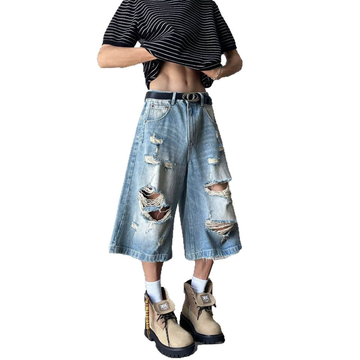 Ripped denim seven part washed distressed wide leg shorts