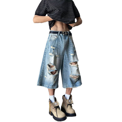 Ripped denim seven part washed distressed wide leg shorts