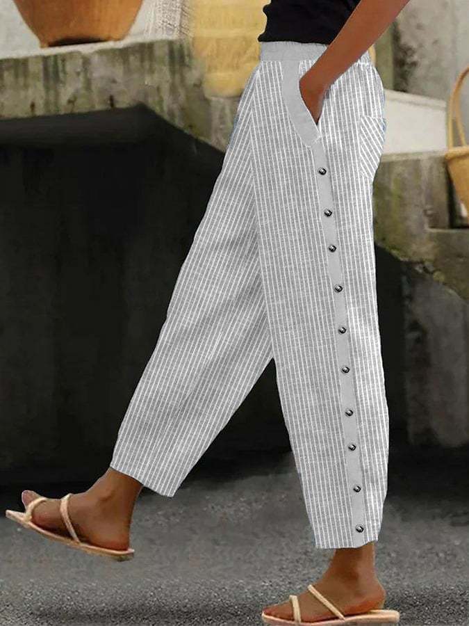 Fashion Printed Stripe Buttoned Elastic Waist Nine-Part Pants