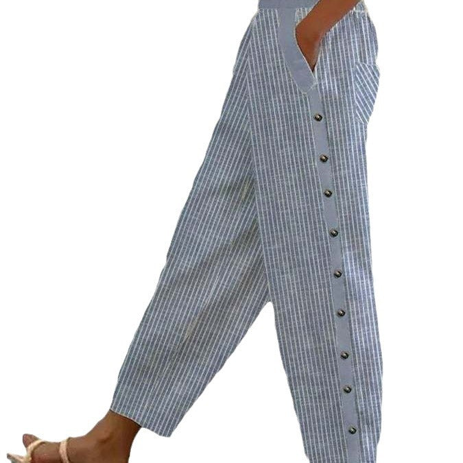 Fashion Printed Stripe Buttoned Elastic Waist Nine-Part Pants
