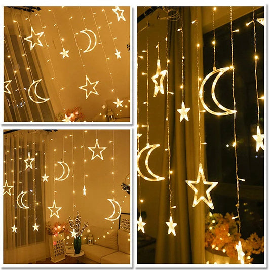 Moon Star LED Curtain Lights 220V EU Plug Fairy Christmas Garlands Outdoor Decoration Holiday Festival LED Twinkle String Lights