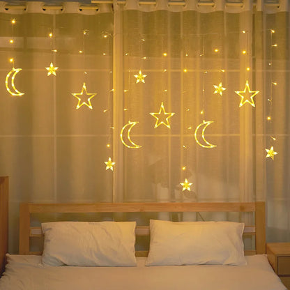 Moon Star LED Curtain Lights 220V EU Plug Fairy Christmas Garlands Outdoor Decoration Holiday Festival LED Twinkle String Lights