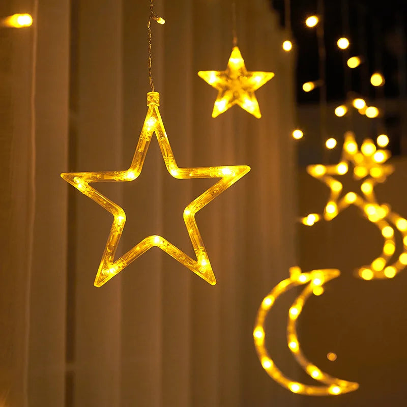 Moon Star LED Curtain Lights 220V EU Plug Fairy Christmas Garlands Outdoor Decoration Holiday Festival LED Twinkle String Lights