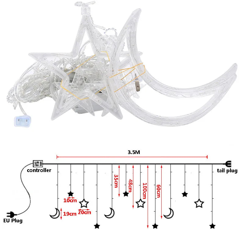 Moon Star LED Curtain Lights 220V EU Plug Fairy Christmas Garlands Outdoor Decoration Holiday Festival LED Twinkle String Lights